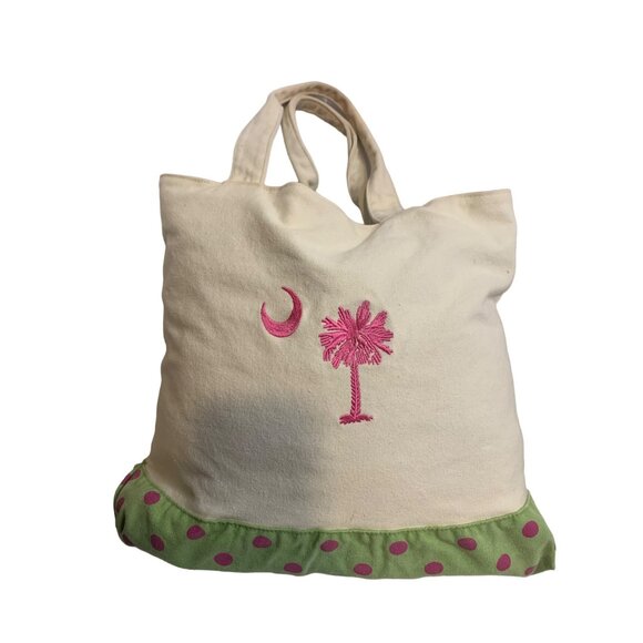Embroidered Palm Tree Crescent Canvas Tote Bag Green Polka Dot Lining & Handles - Picture 1 of 5